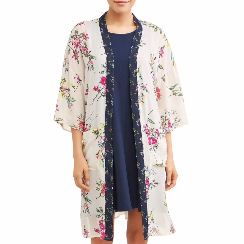 Time & Tru Floral Printed Cream Kimono w/Navy Trim